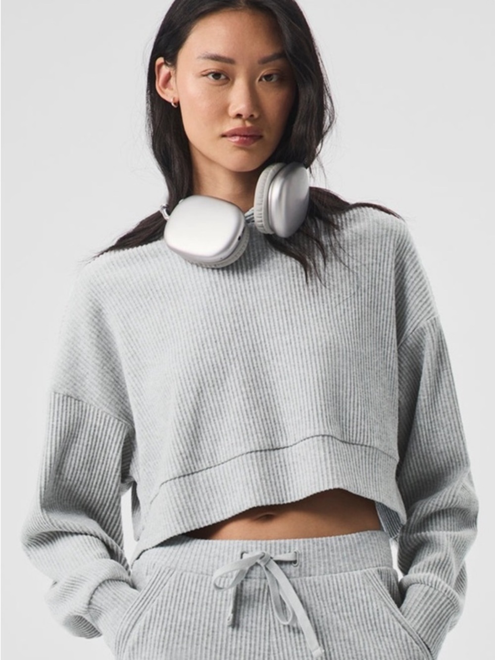 ALO Yoga Light Gray Muse Ribbed Oversized Cropped Hoodie